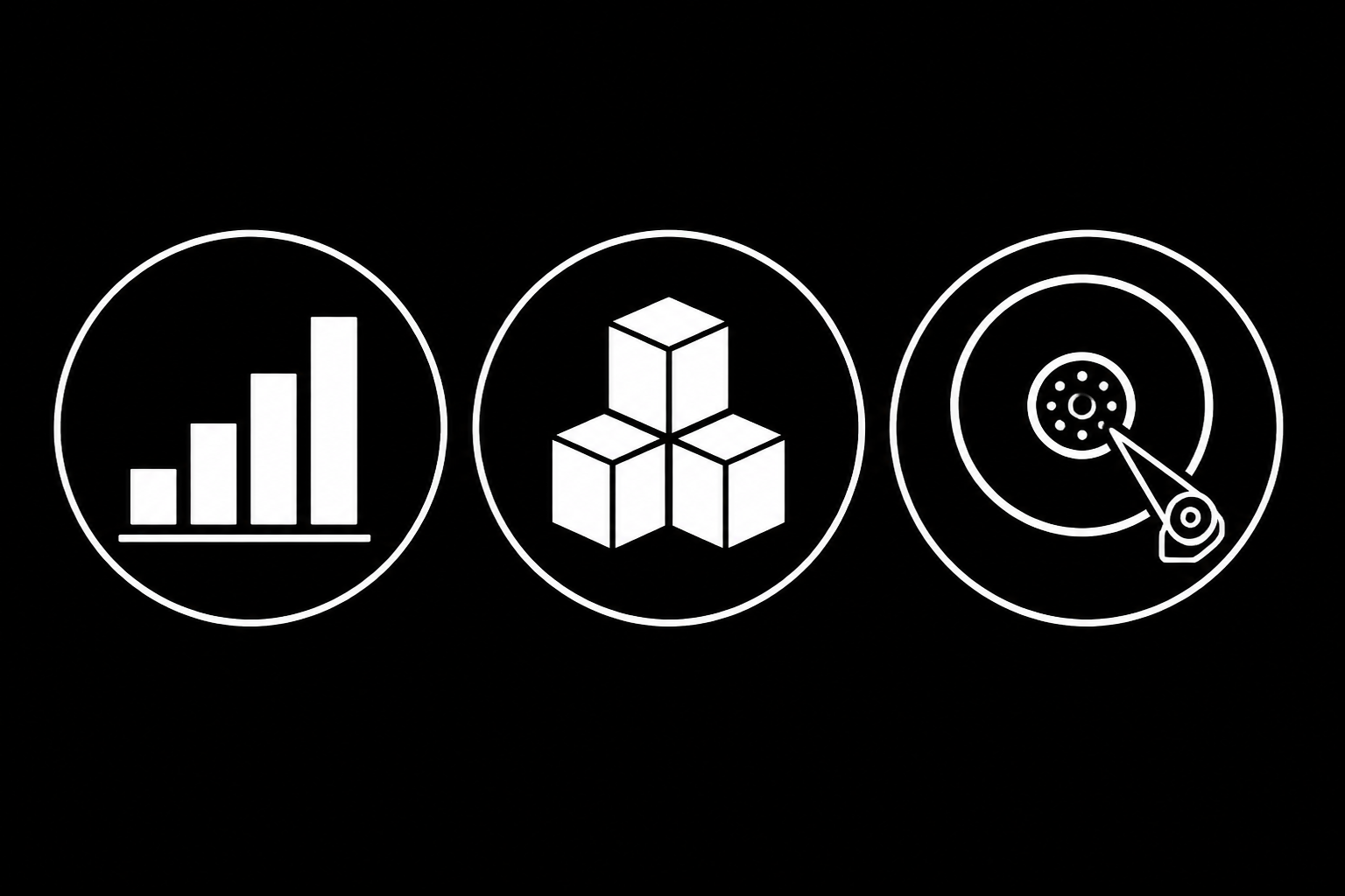 An abstract diagram showing three necessary checks for a query: statistics (bar chart), memory (blocks), and I/O (disk).