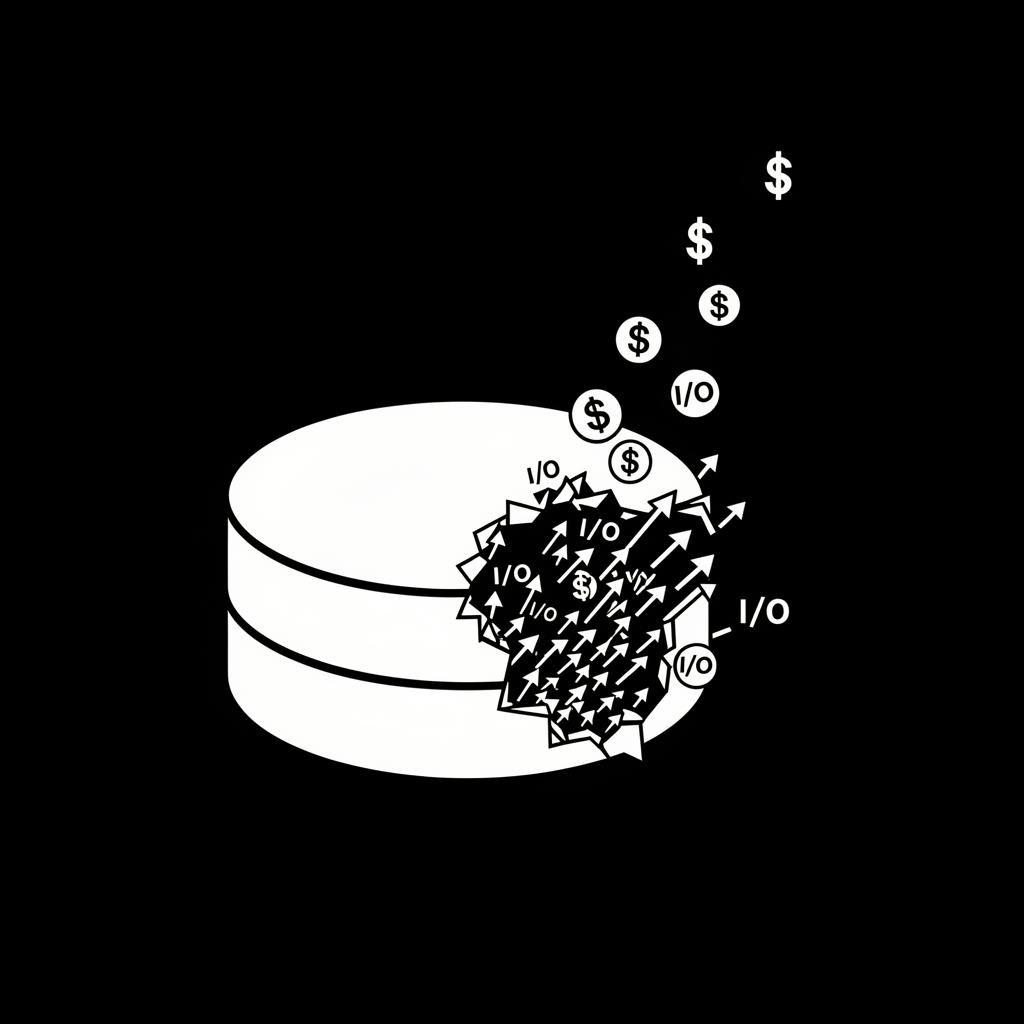 A white database disk being eaten away by I/O arrows, dollar signs floating up