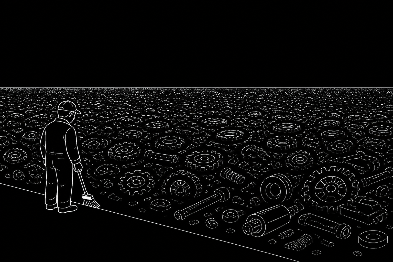 Line art of a lone janitor facing an overwhelmingly large factory floor littered with debris.