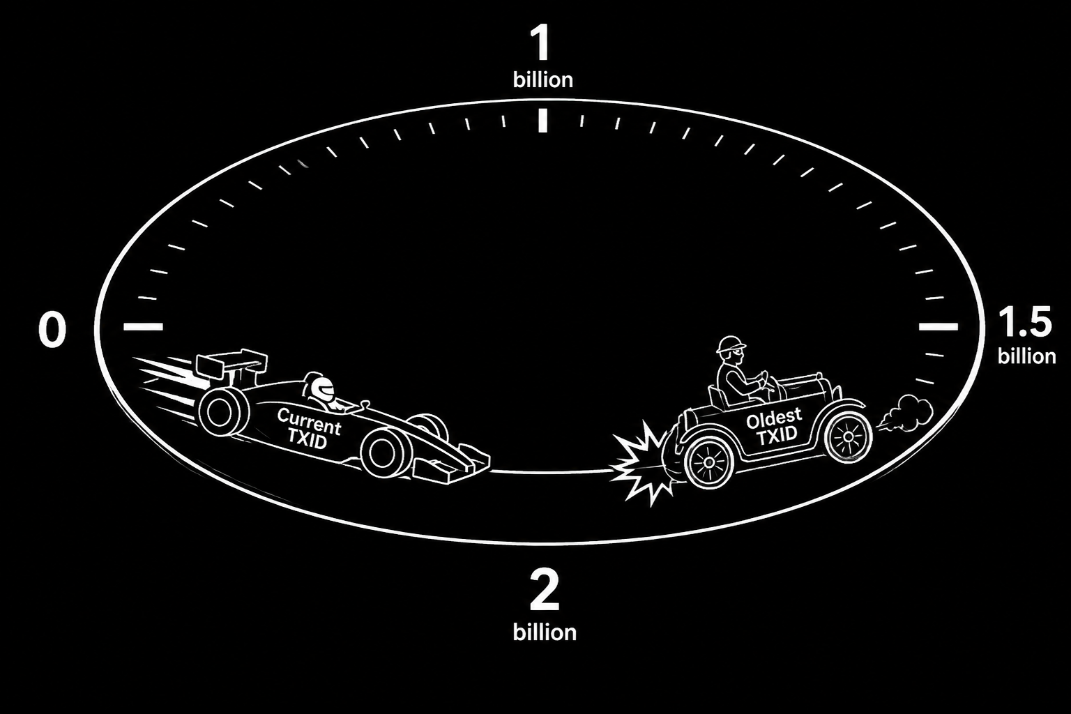 Line art of a circular number track where one transaction ID is about to 'lap' another, causing a collision.