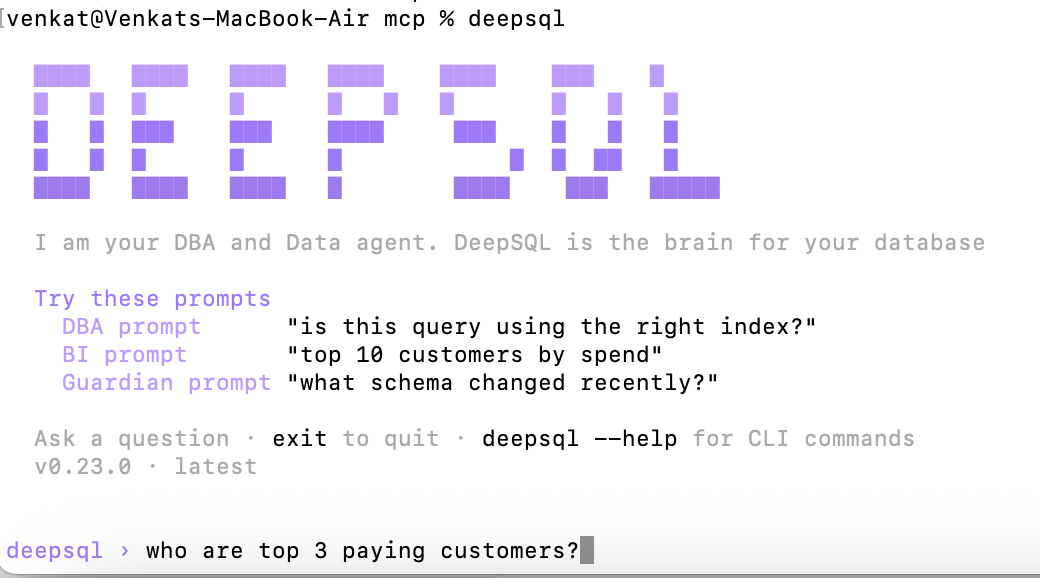 Screenshot of the DeepSQL CLI showing the ASCII logo, three example prompts (DBA, BI, Guardian), and a live question about top paying customers.
