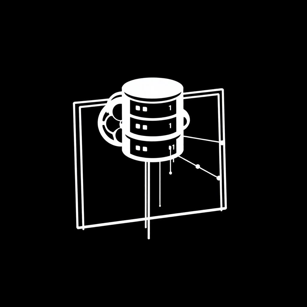 A terminal window containing a brain shape wired to database cylinders, in black and white line art.