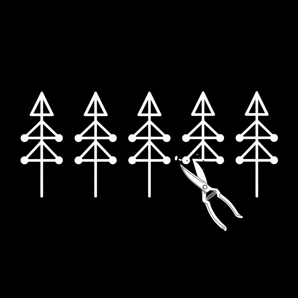 A row of white B-tree index icons with pruning shears cutting one off