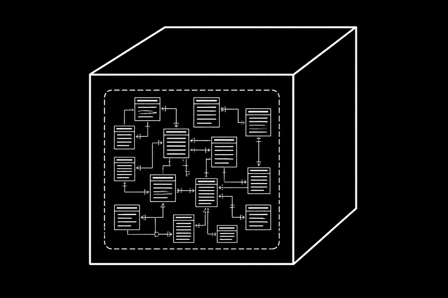 Line art of a database schema trapped inside a solid block, representing a restrictive semantic layer.