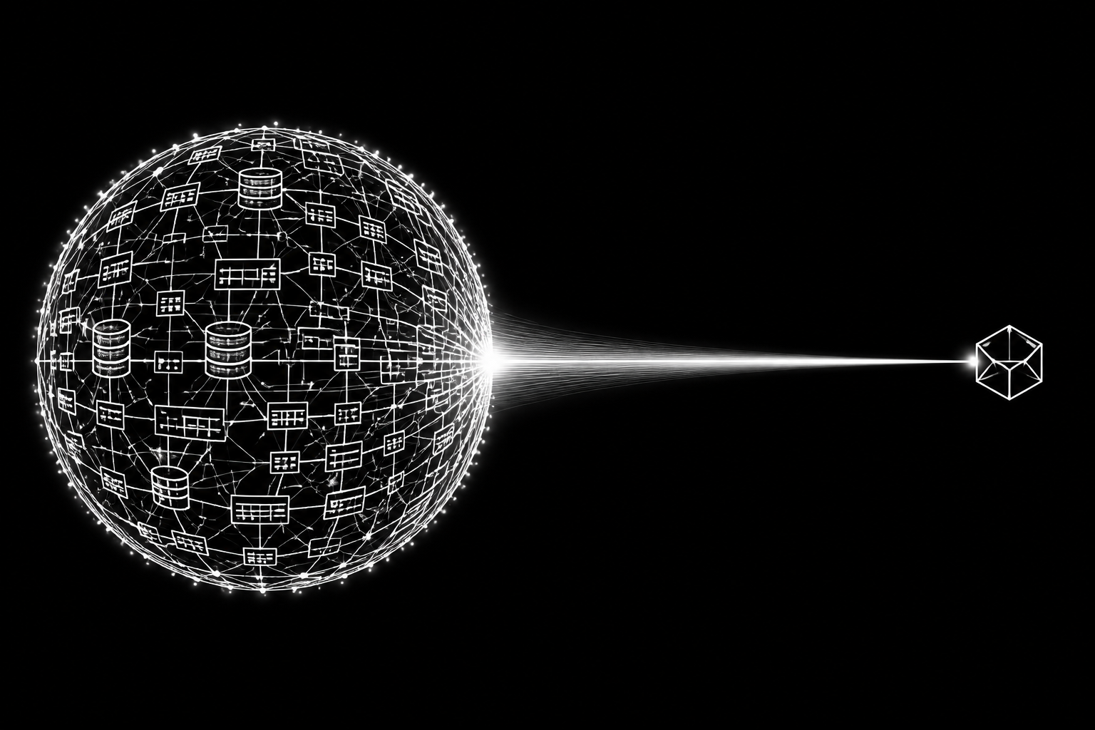Line art of a database 'brain' feeding information to an AI agent, representing a dynamic semantic layer for LLMs.