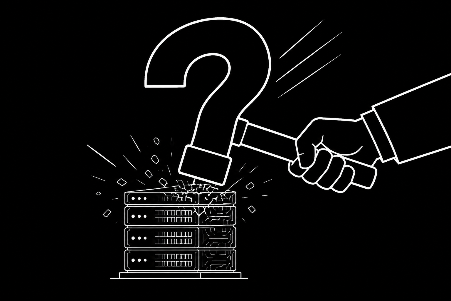 Line art of a large question mark hammer striking a database server.