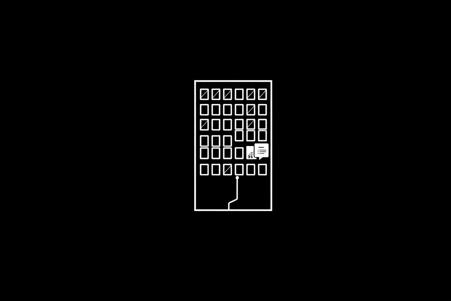 Line illustration of a hotel building whose windows are dashboard panels, connected to a single central brain node