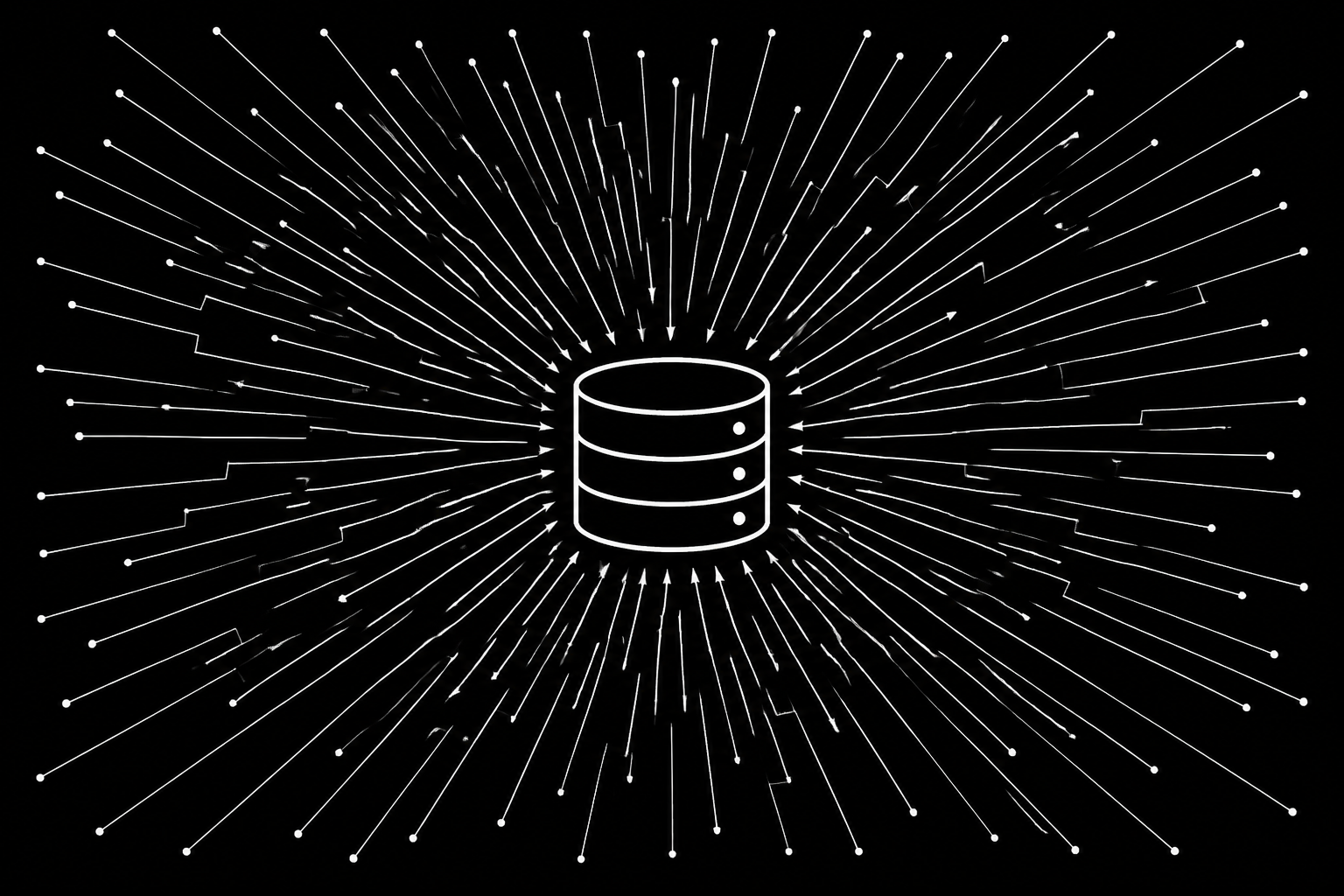 An illustration of a database under heavy load from numerous queries, represented by lines converging on a central cylinder.