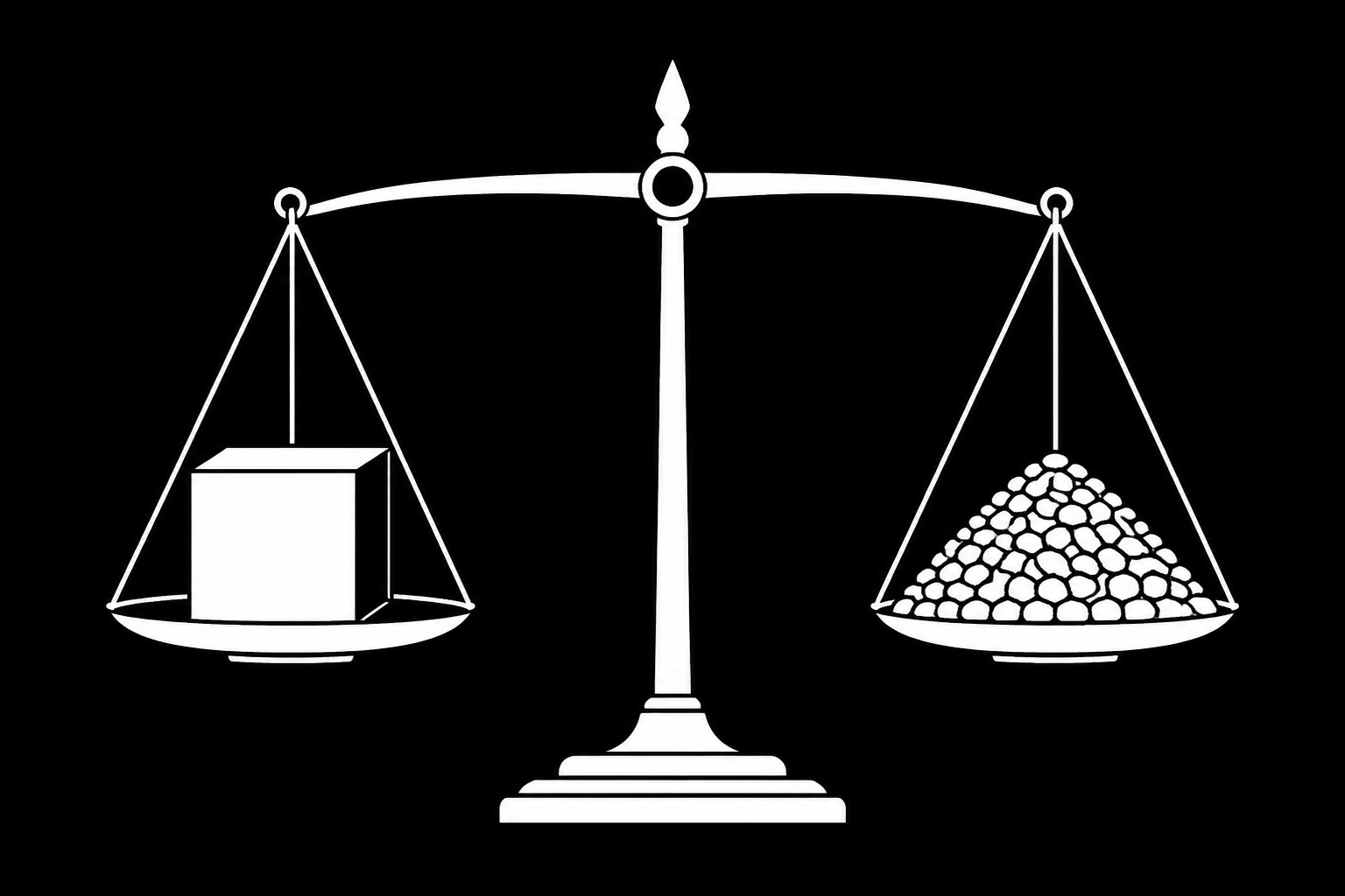 A balance scale weighing a single large block against a pile of many small pebbles, illustrating the trade-off between pre-aggregation and live queries.
