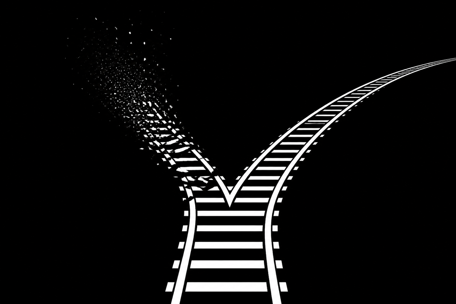 An illustration of a railroad track splitting into a solid path and a crumbling path, representing a permanent database decision.