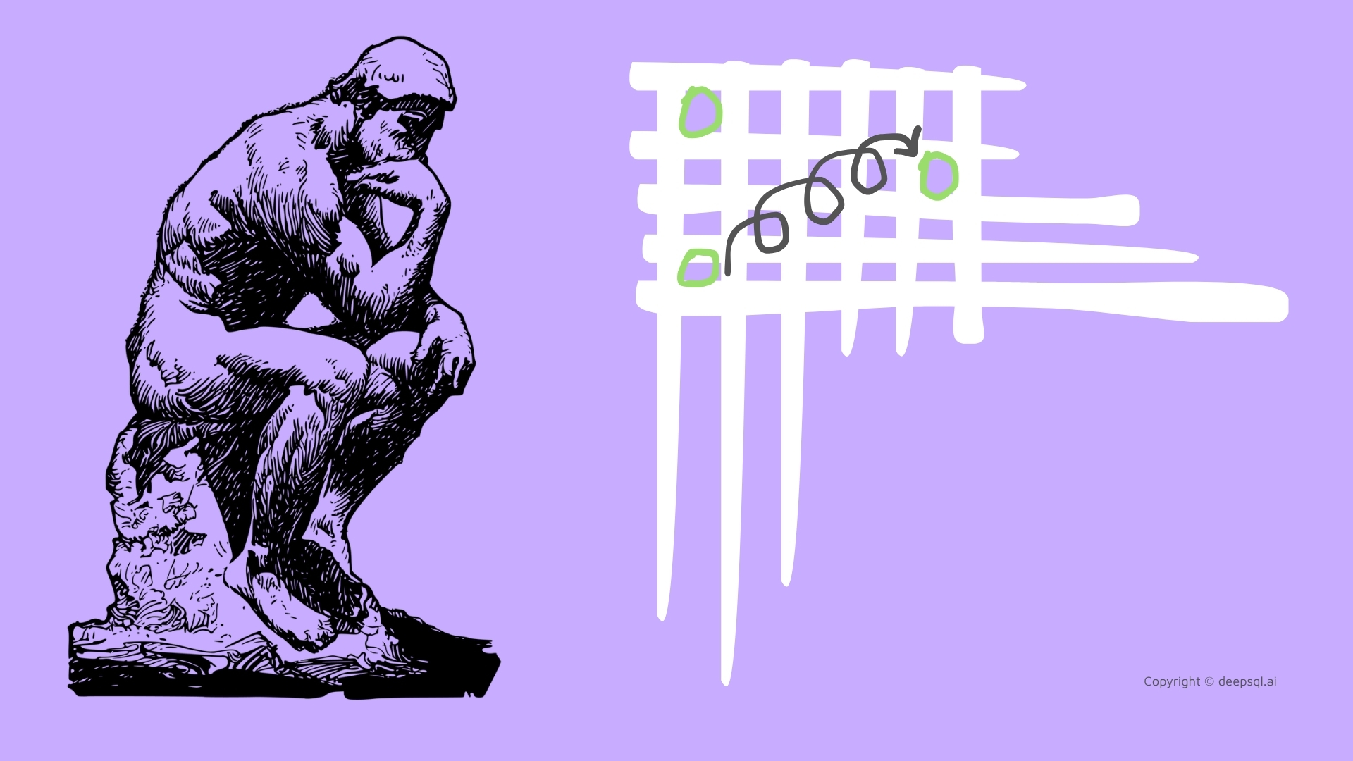 The Thinker sitting beside a sketched grid of table rows with a few cells circled and an arrow tracing a path between them