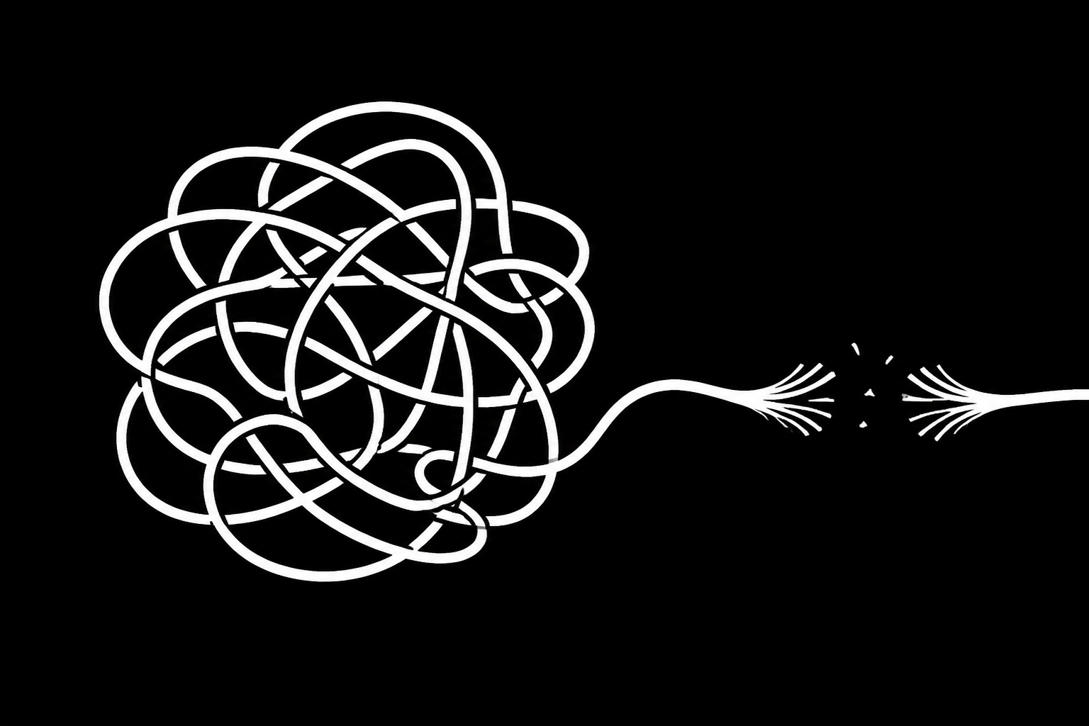 An illustration of a complex knot with a single frayed strand.