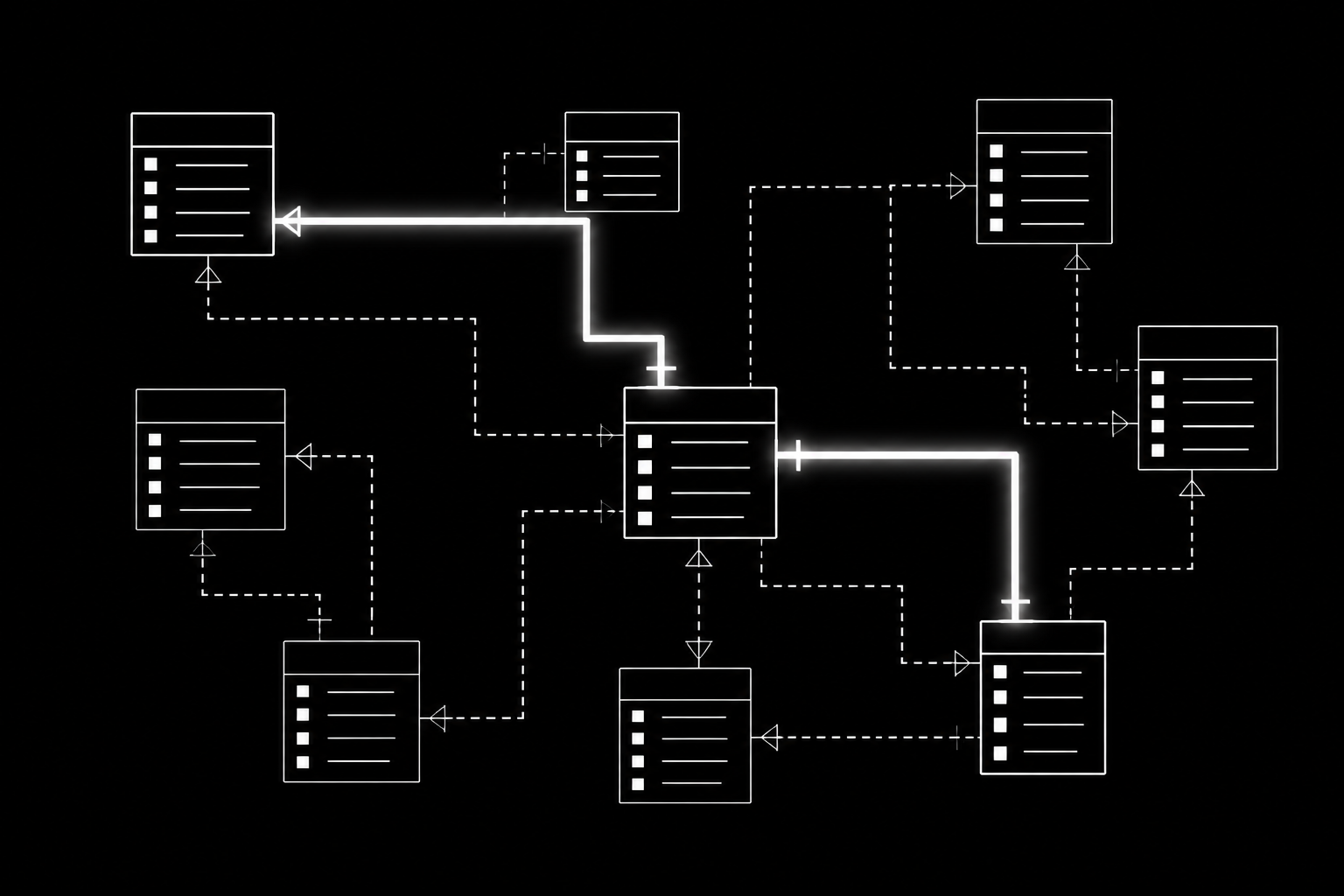 A database schema diagram showing the single correct query path through complex relationships.