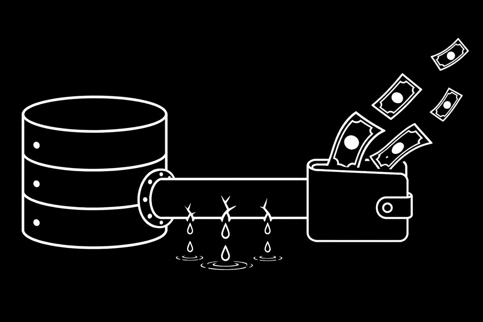 An illustration of a database cylinder leaking money from a wallet.
