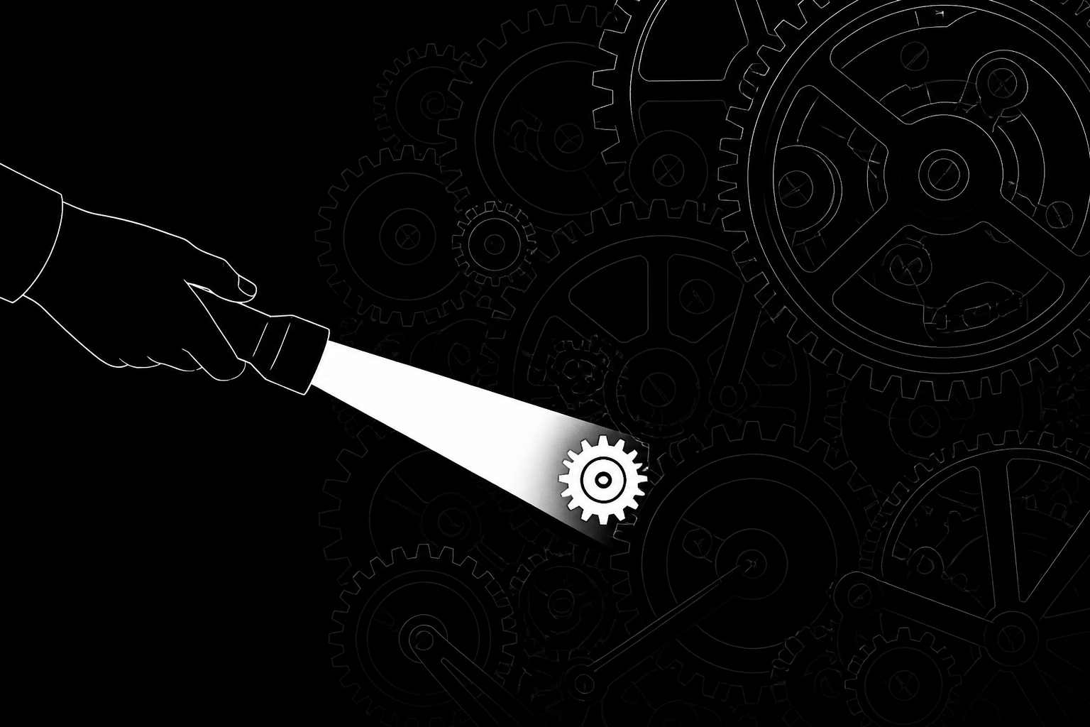 Line art of a single gear being illuminated within a larger machine, representing a root cause.