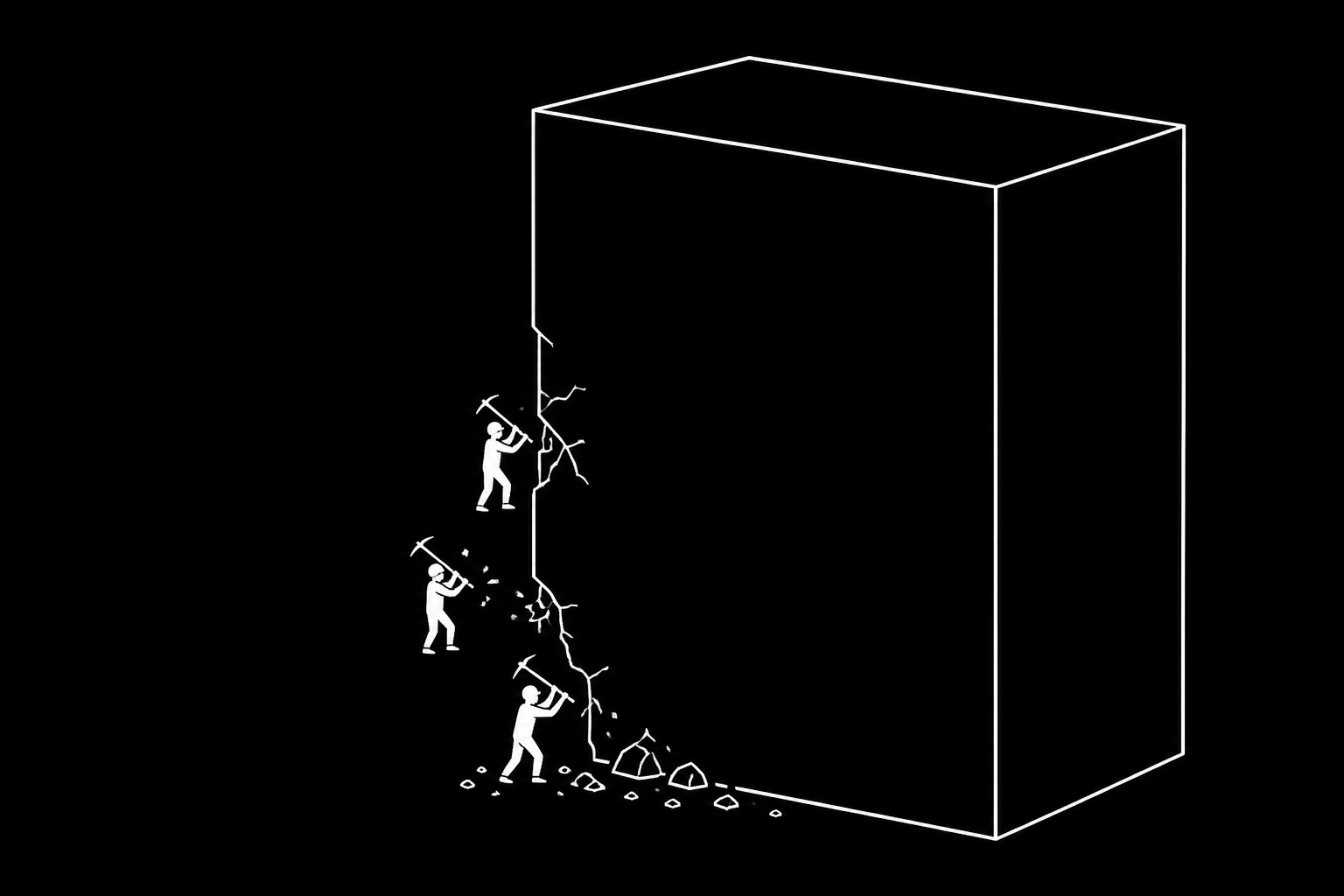 An illustration of tiny engineers trying to chip away at a massive, unchangeable block, representing the futility of tuning queries against a bad database schema.