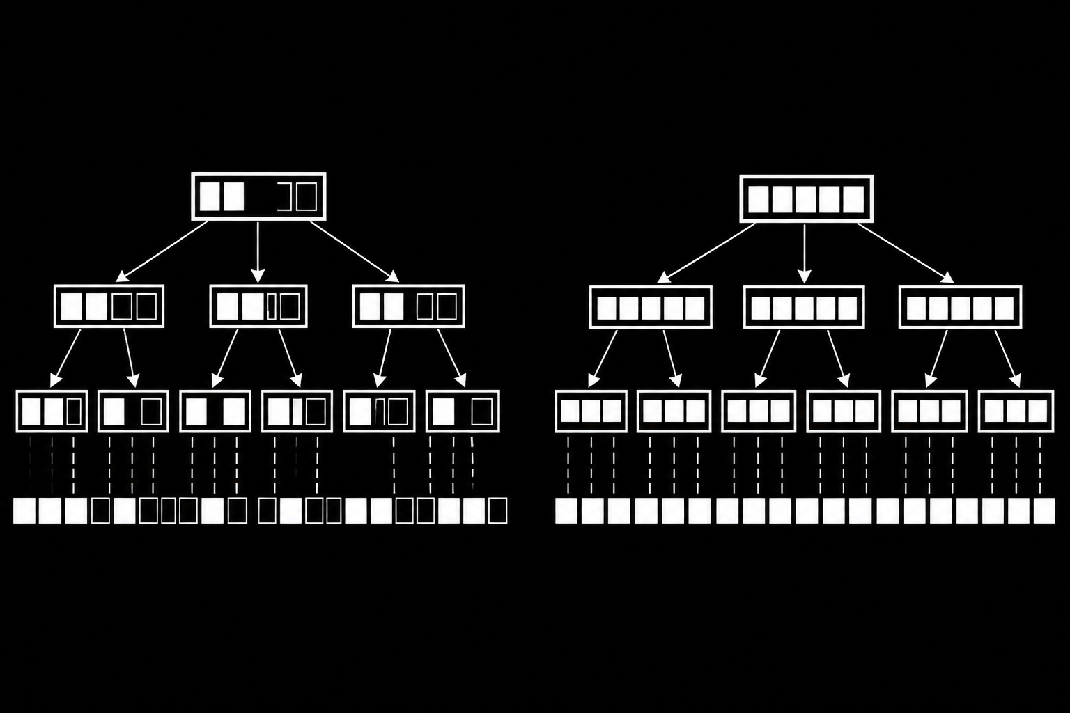 An illustration comparing a fragmented B-Tree index from random inserts to a tightly packed index from sequential inserts.